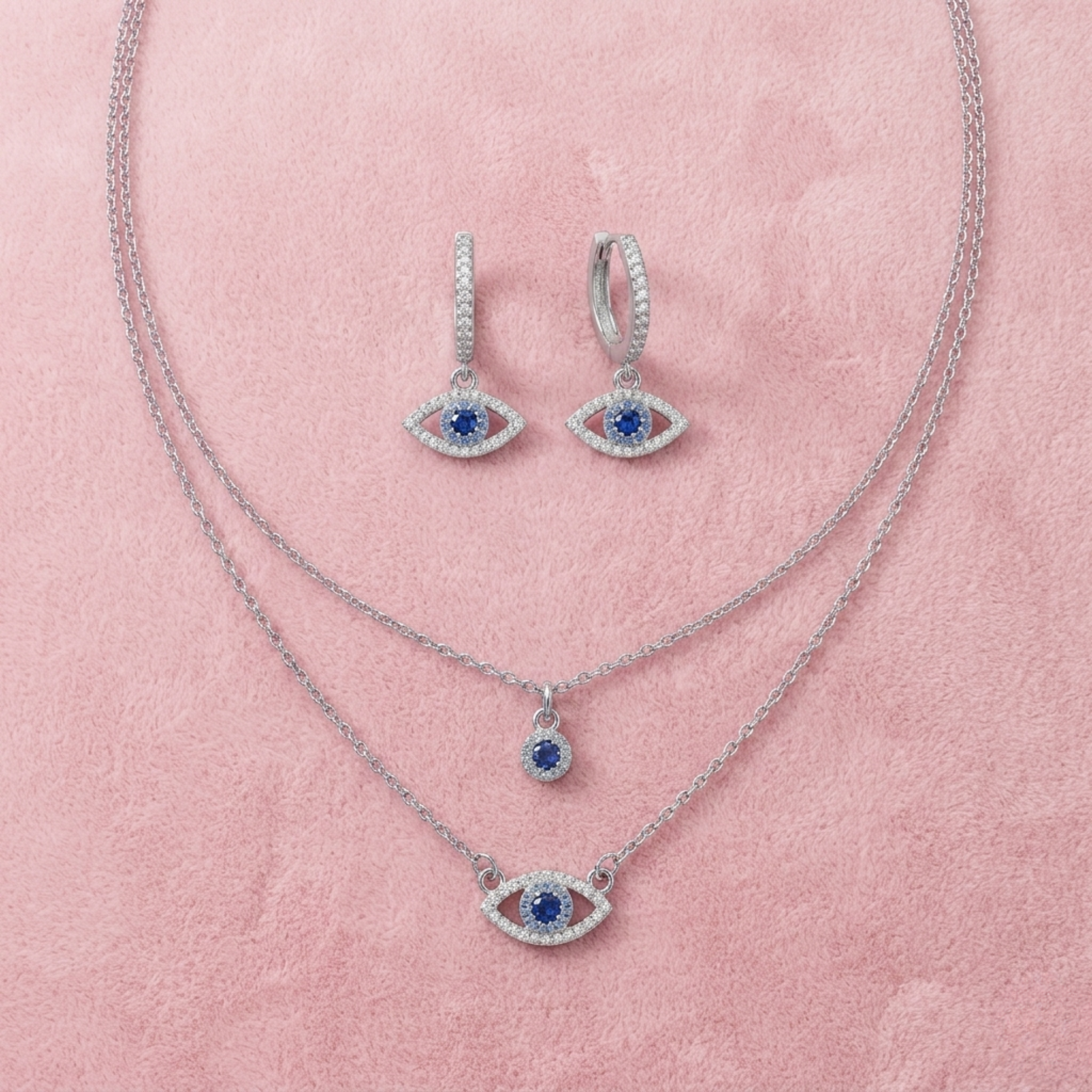 Azure Gaze Evil Eye Sterling Silver Jewellery Set - 925 Sterling Silver - Lustra