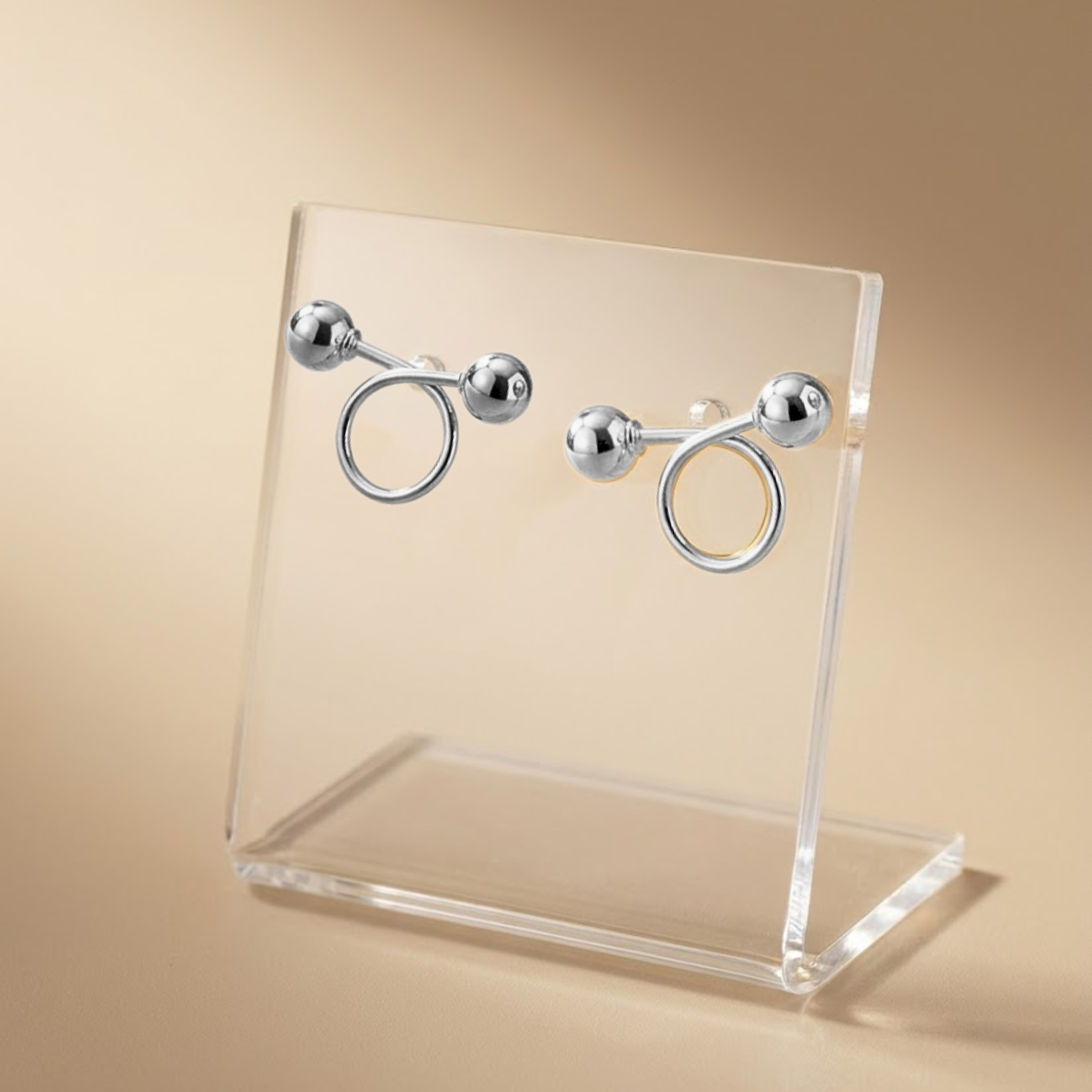 Dual Sphere Loop Silver Ear Studs