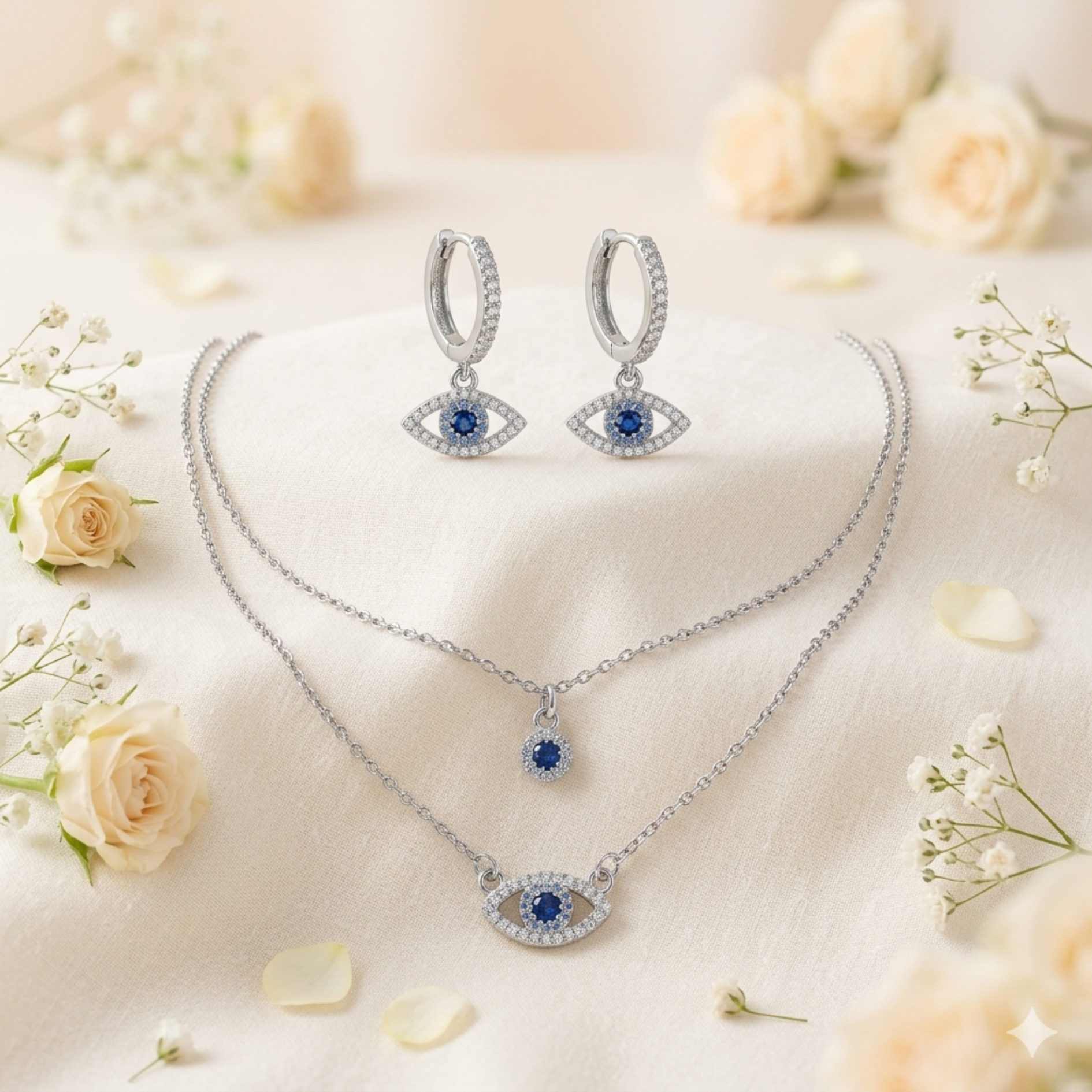 Azure Gaze Evil Eye Sterling Silver Jewellery Set - 925 Sterling Silver - Lustra