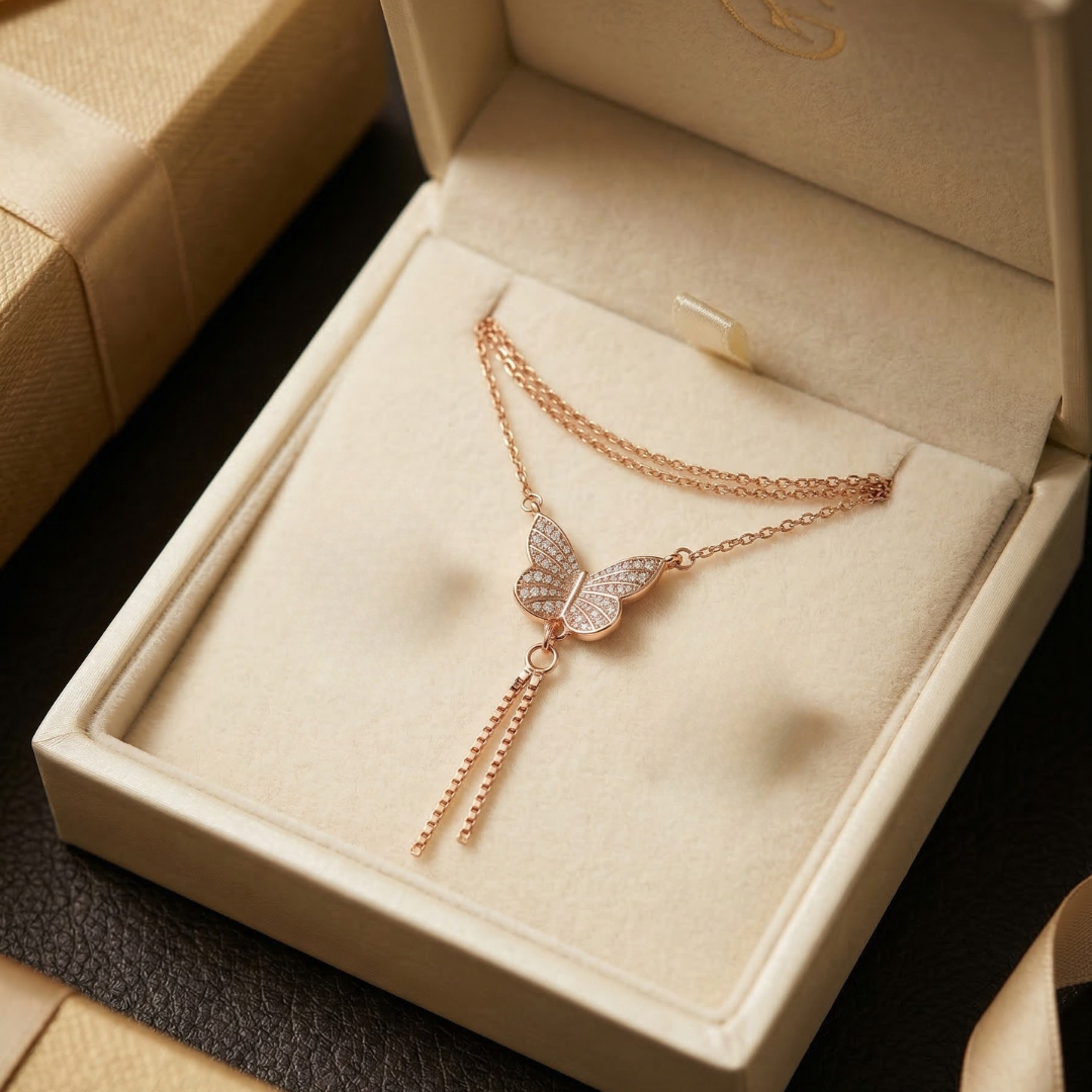 Lustra Rose Gold Butterfly Tassel Necklace - 925 Sterling Silver - Lustra