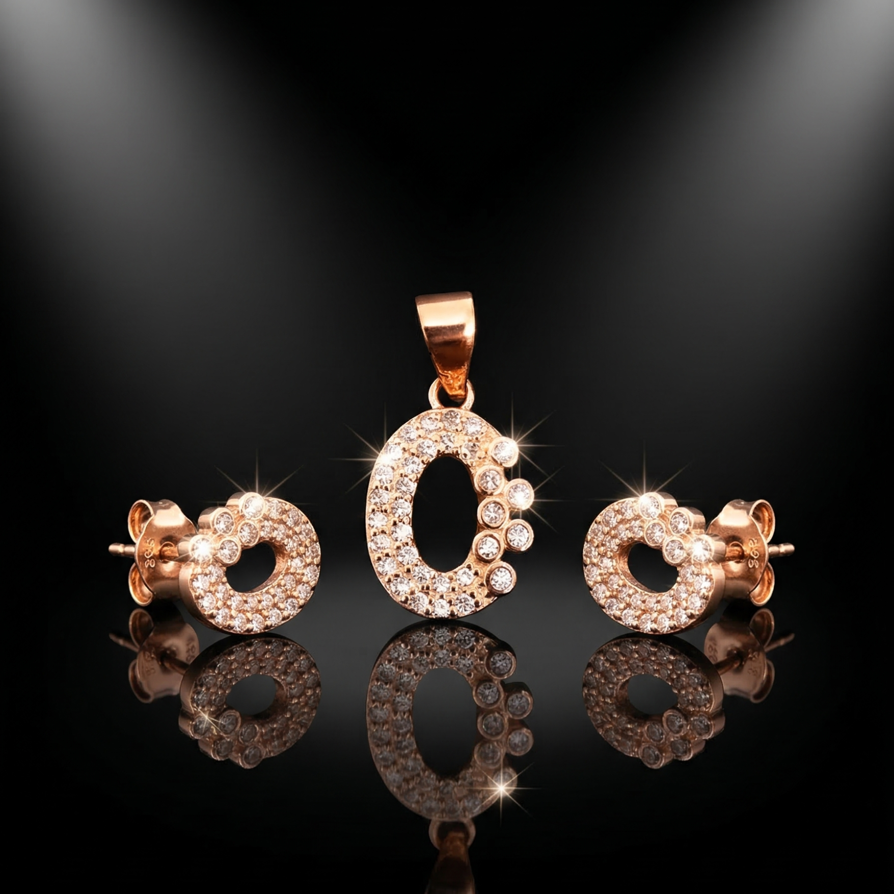 Lustra Rose Gold Initial “C” Crystal Pendant Set - 925 Sterling Silver - Lustra