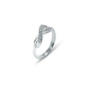 Elegant Twisted Infinity Ring crafted in 925 Fine Sterling Silver featuring an intricate twisted design adorned with sparkling stones.