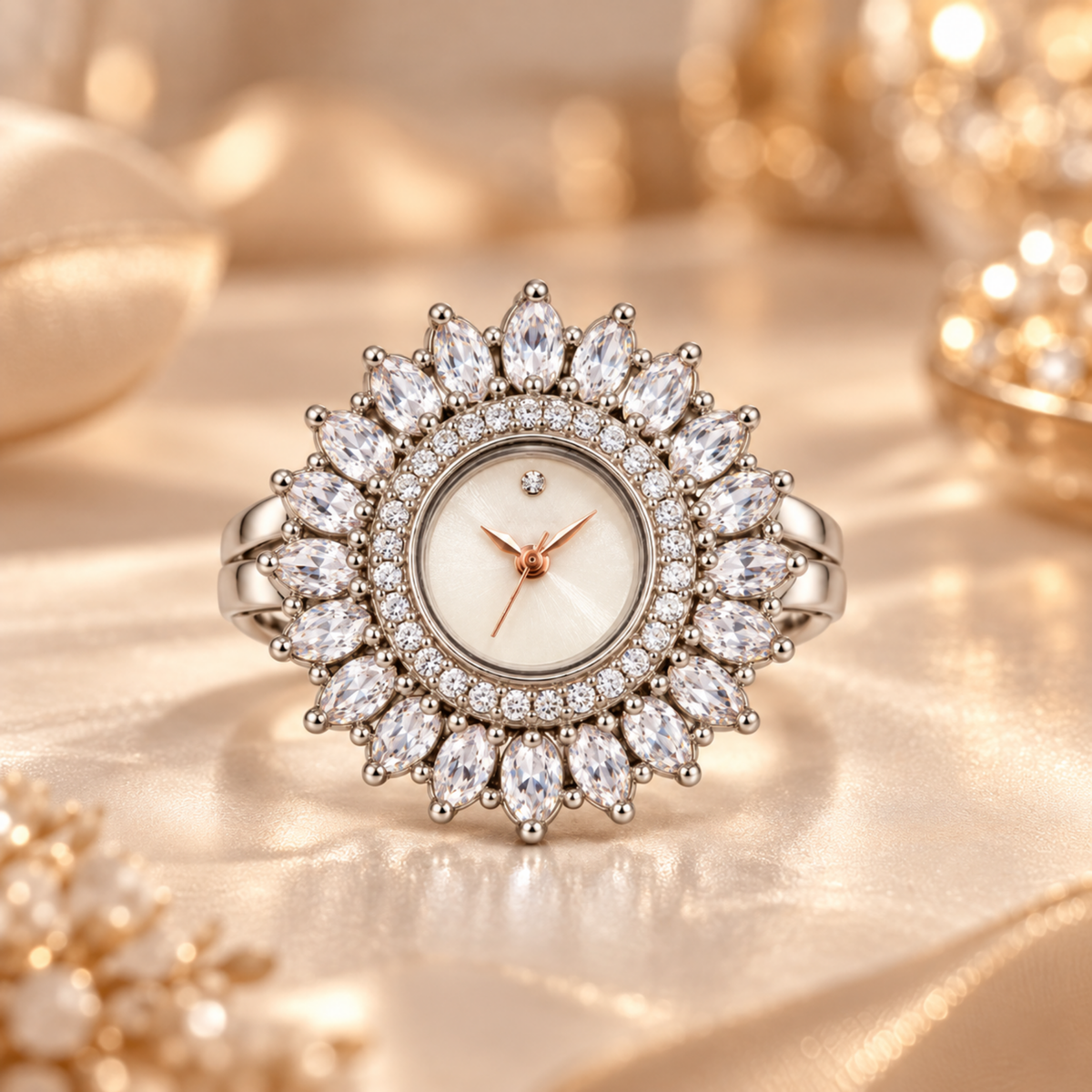 Pearl White Dial Crystal Watch Ring for Women | Lustra
