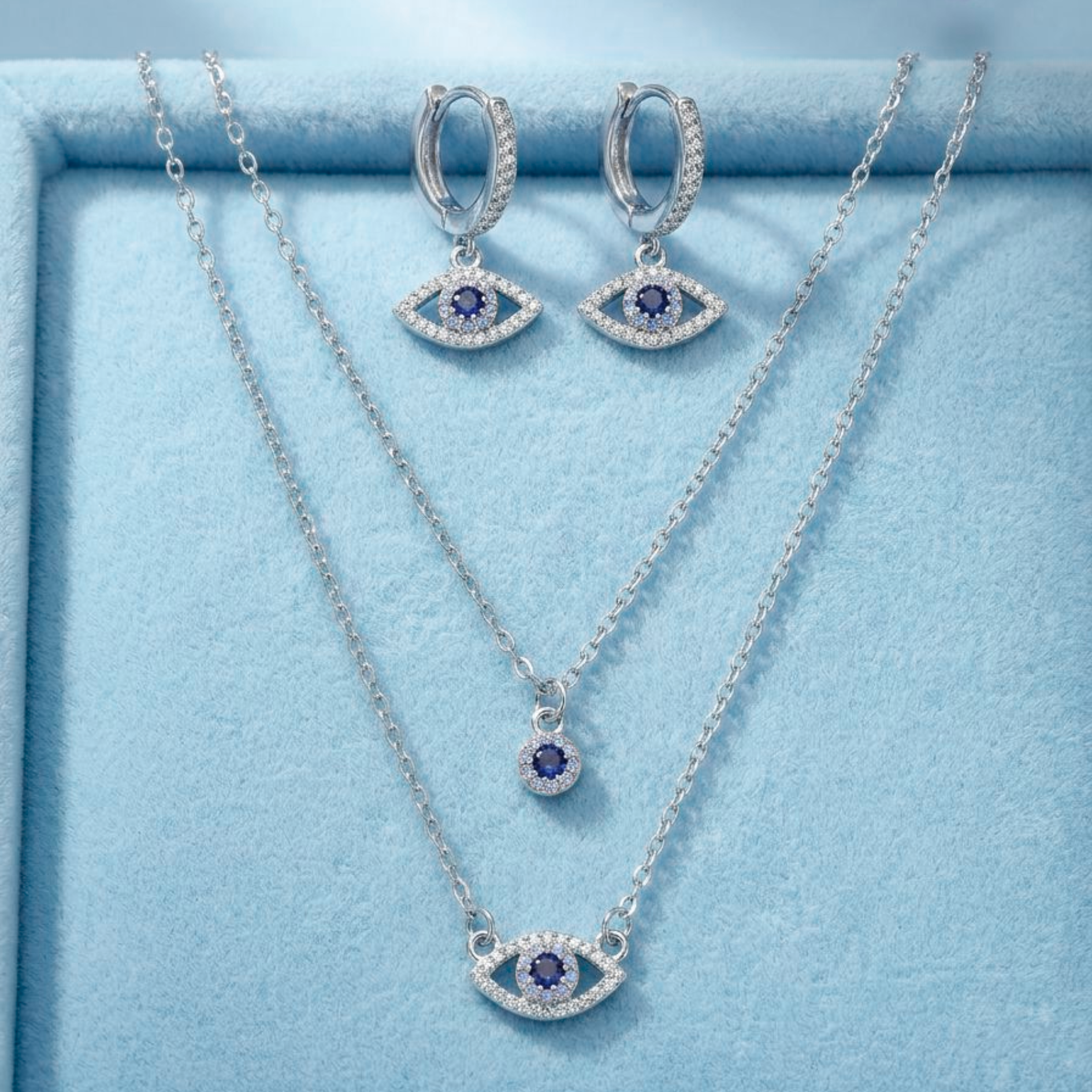 Azure Gaze Evil Eye Sterling Silver Jewellery Set - 925 Sterling Silver - Lustra
