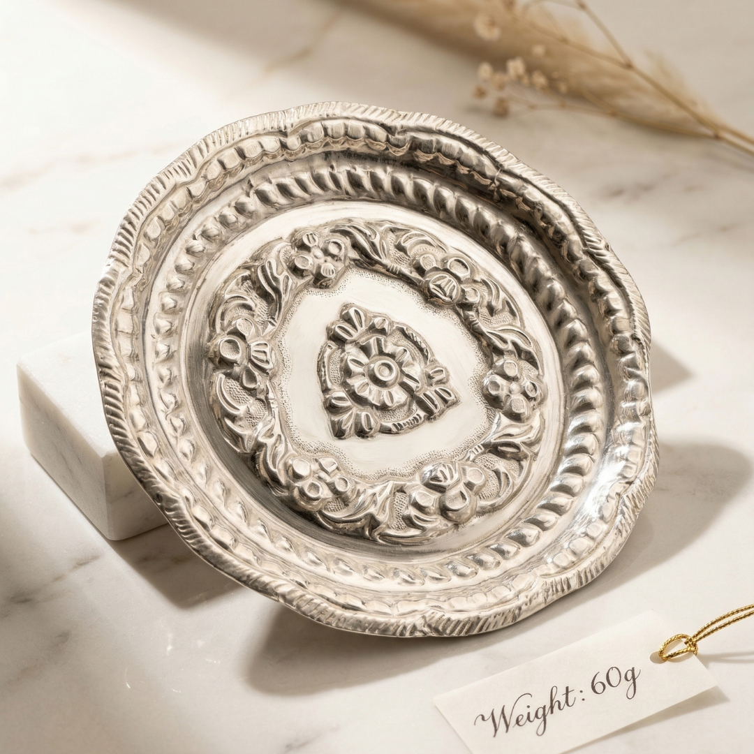 Lustra 925 Silver Handcrafted Pooja Thali (60g) - 925 Sterling Silver - Lustra