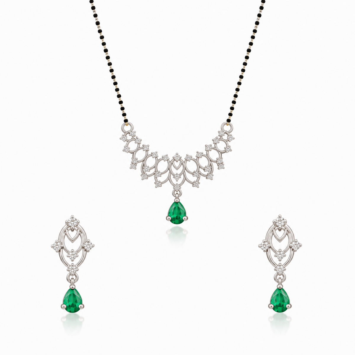 Emerald-Tone Floral 925 Silver Mangalsutra Set