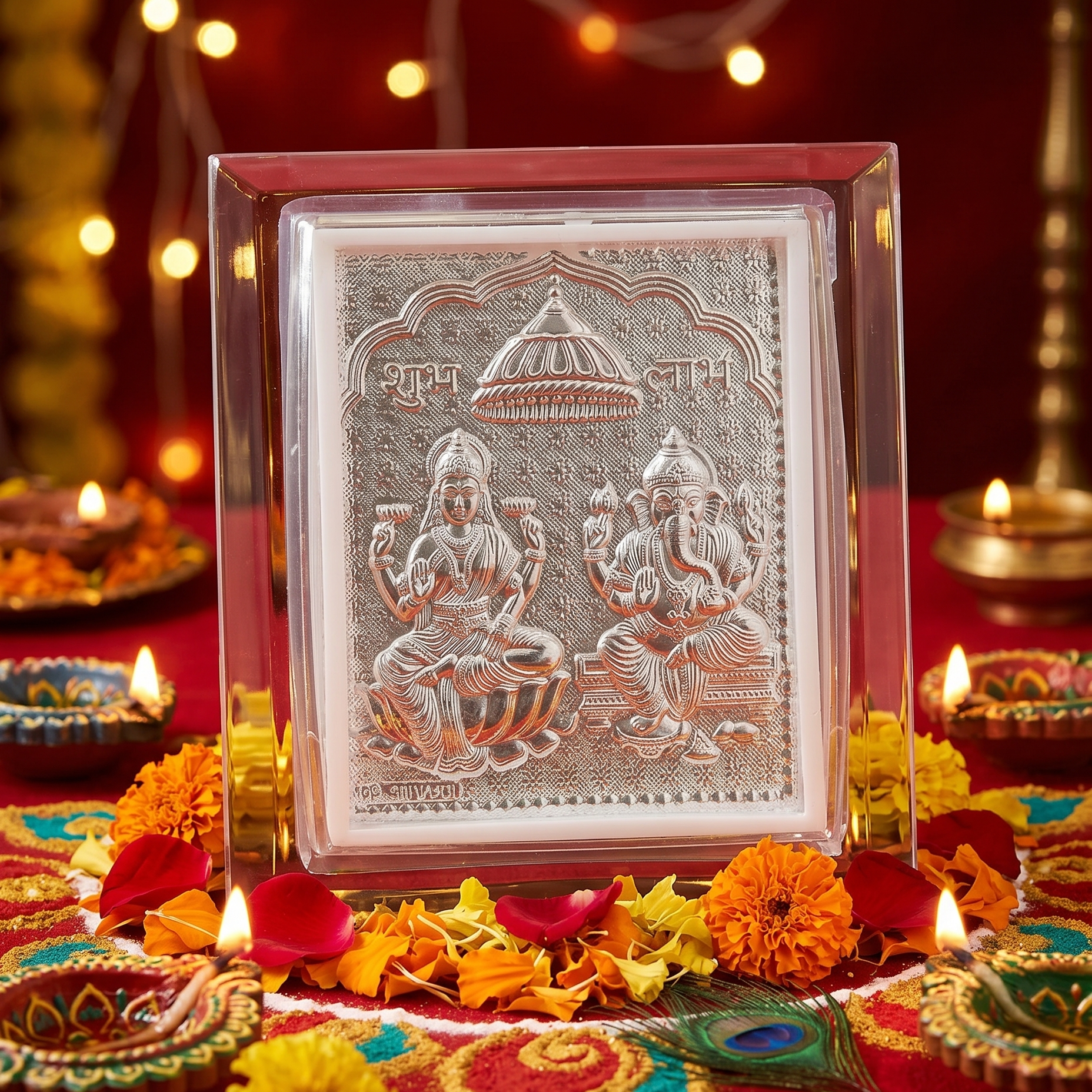 Decorative panel with religious design on a festive background with lights and flowers.
