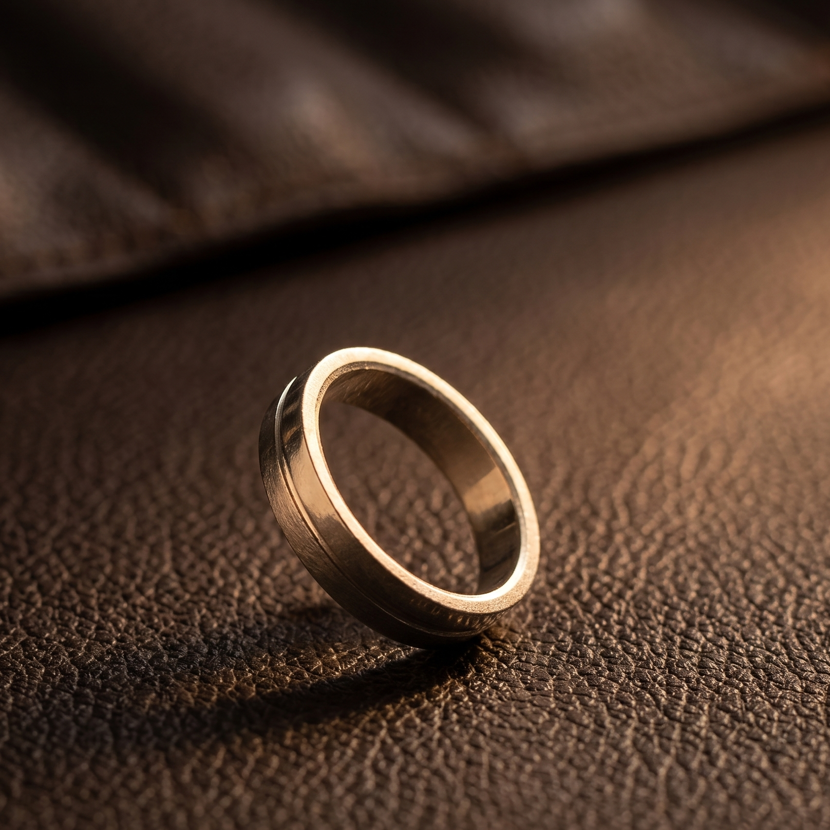 Gold ring on a brown leather surface
