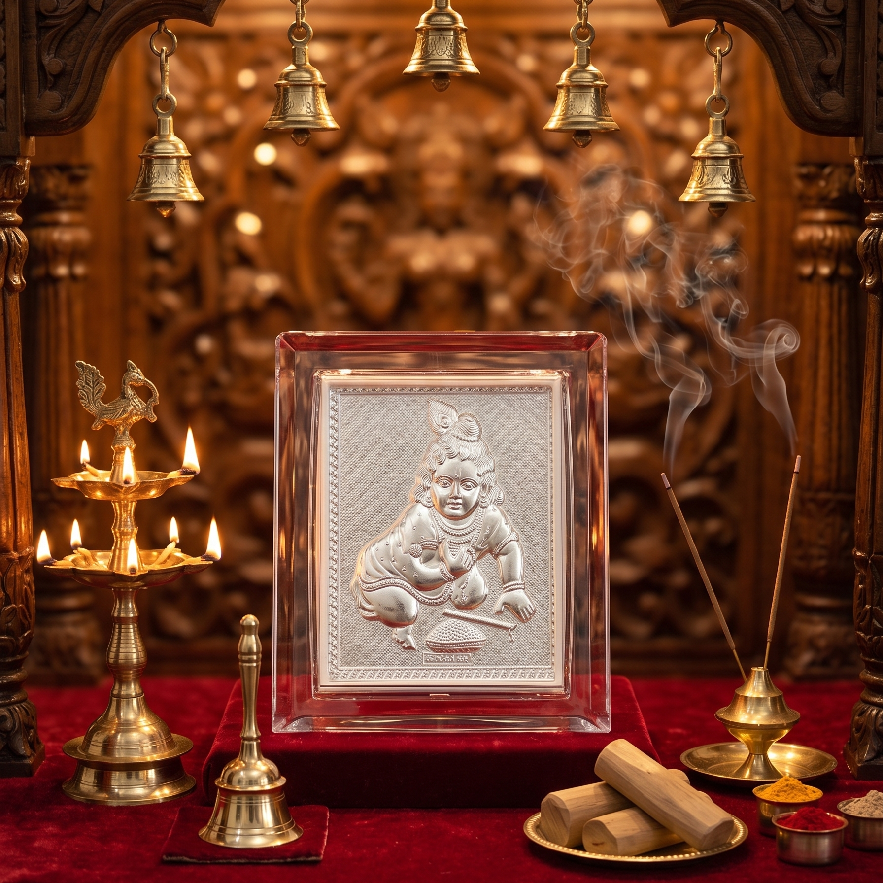 Decorative altar with religious icon, bells, and incense on a red cloth.
