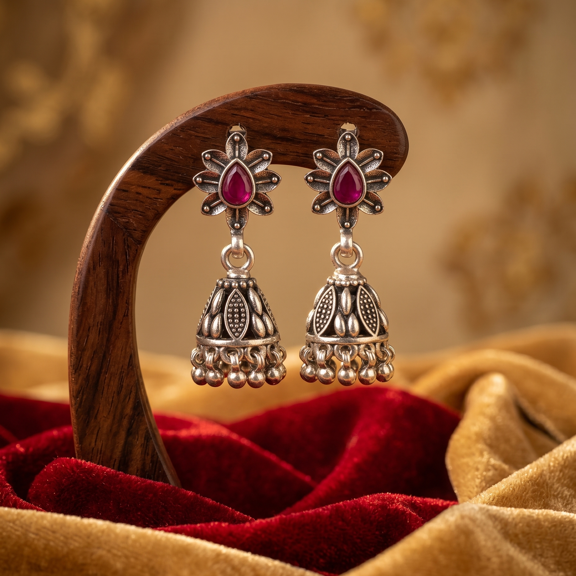 Ruby Petal Oxidised Silver Jhumka Earrings
