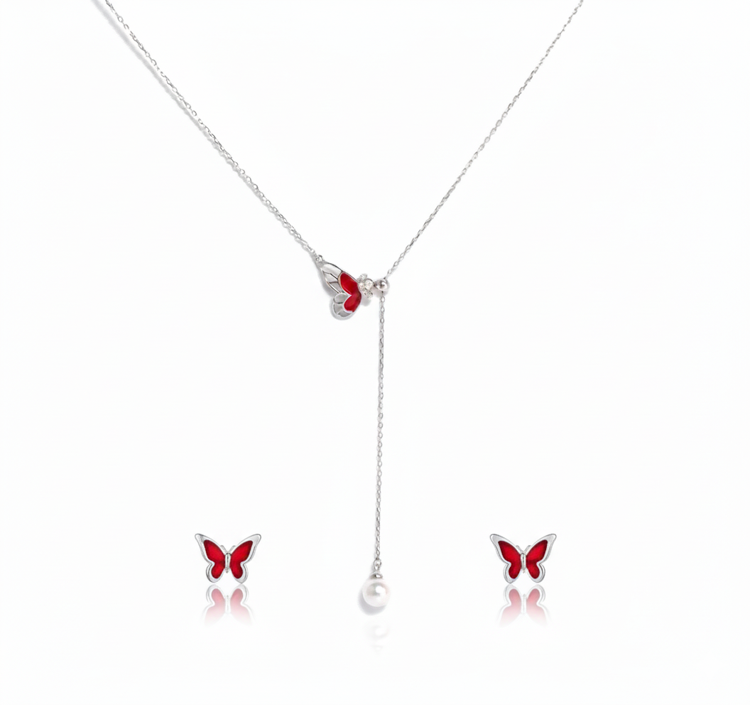 Ruby Air Butterfly Pearl Necklace Set