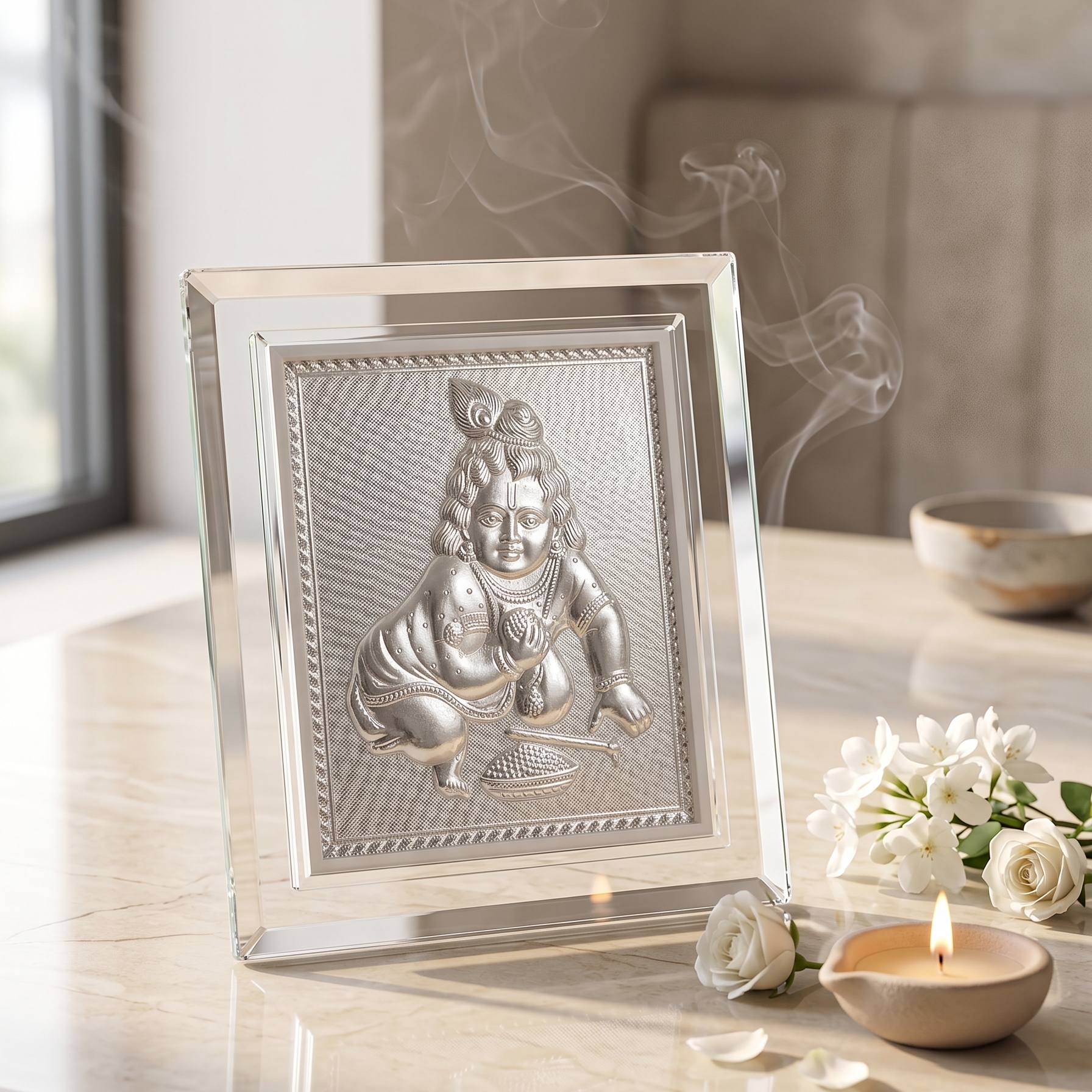 Silver framed deity statue on a table with flowers and a candle