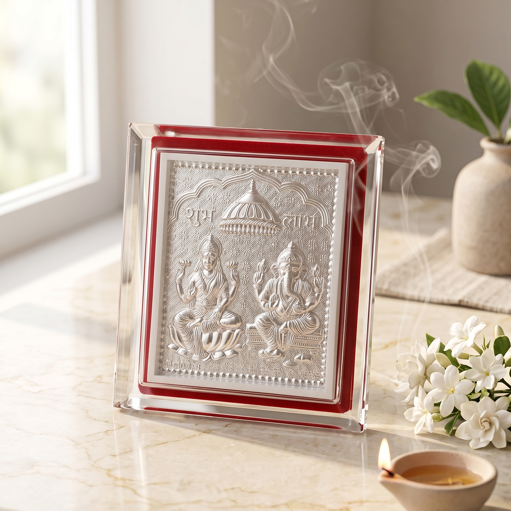 Decorative plaque with religious figures on a marble surface with flowers and a candle.