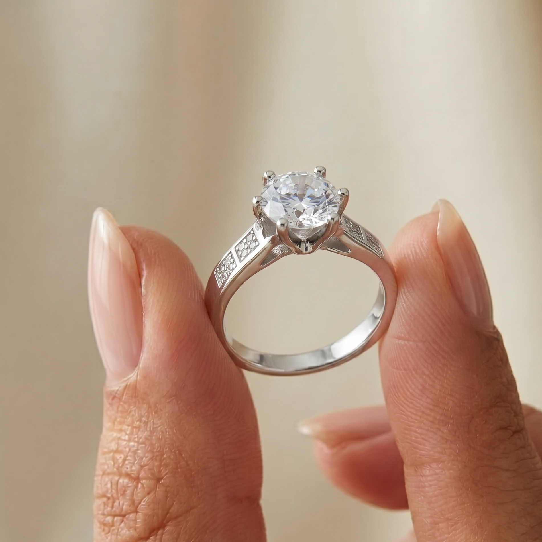 Diamond ring held between fingers against a neutral background