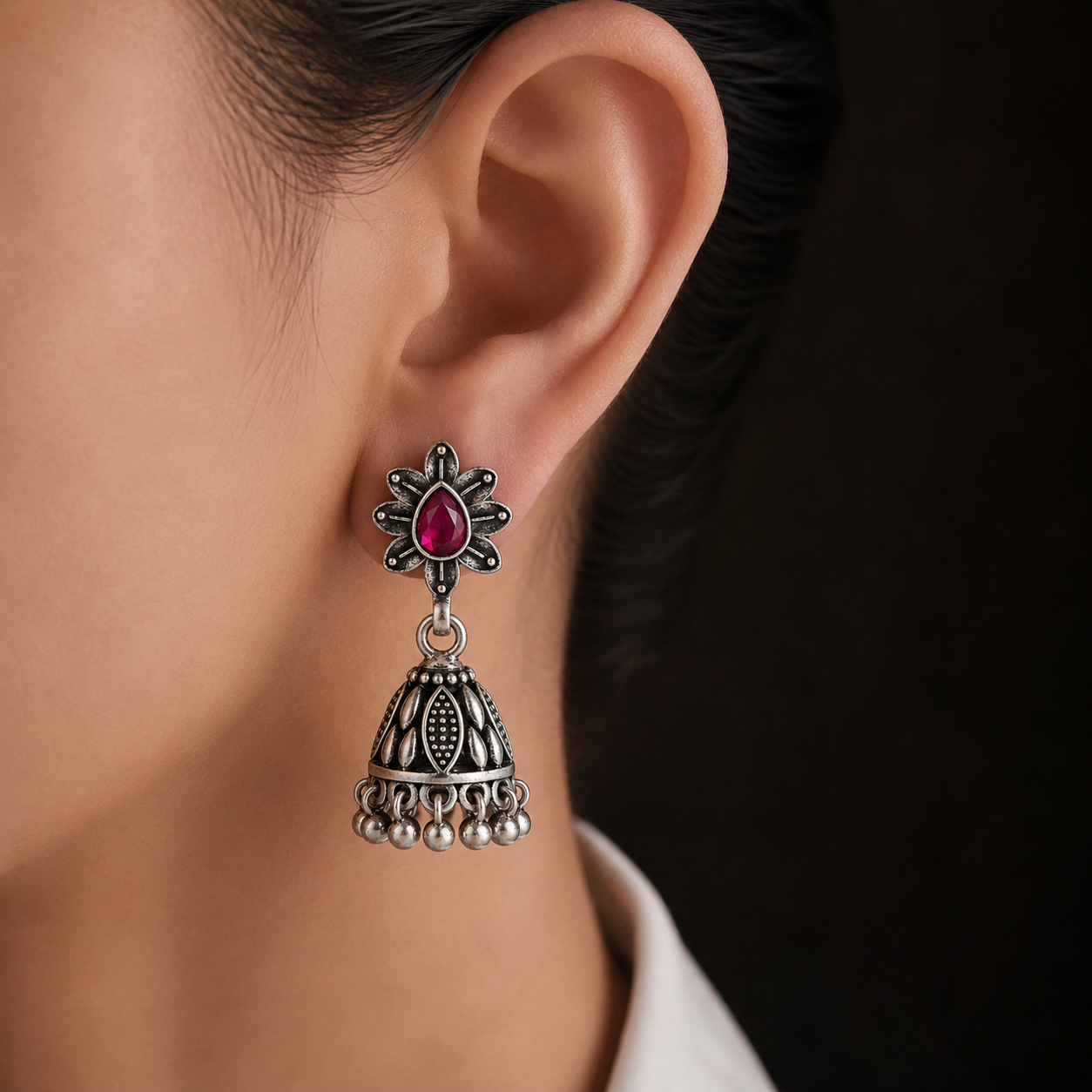 Ruby Petal Oxidised Silver Jhumka Earrings
