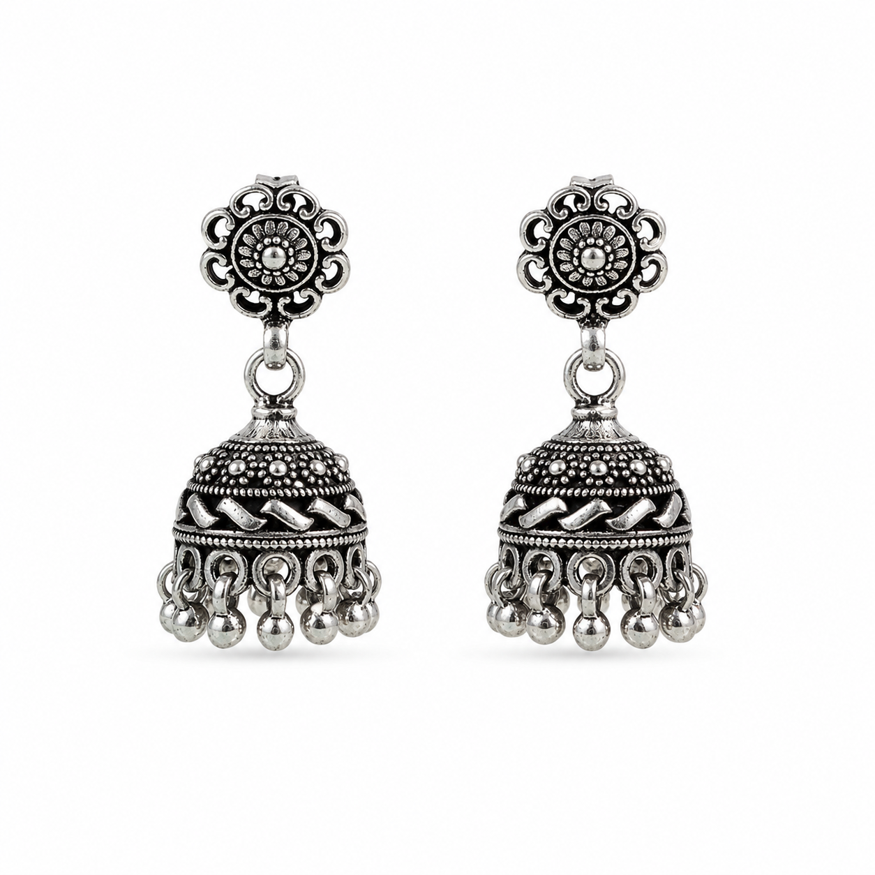 Ruby Bloom Oxidised Silver Jhumka Earrings