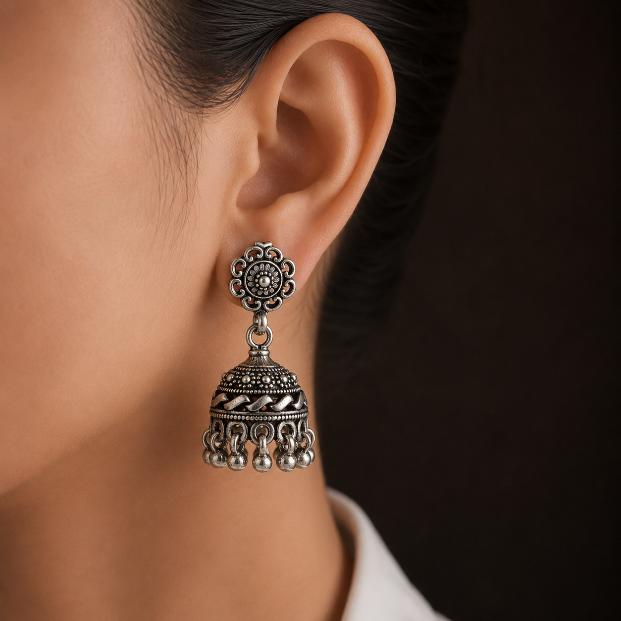 Ruby Bloom Oxidised Silver Jhumka Earrings