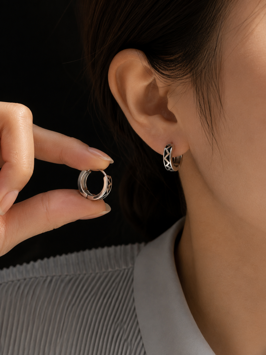 Midnight Geometry Silver Huggie Earrings