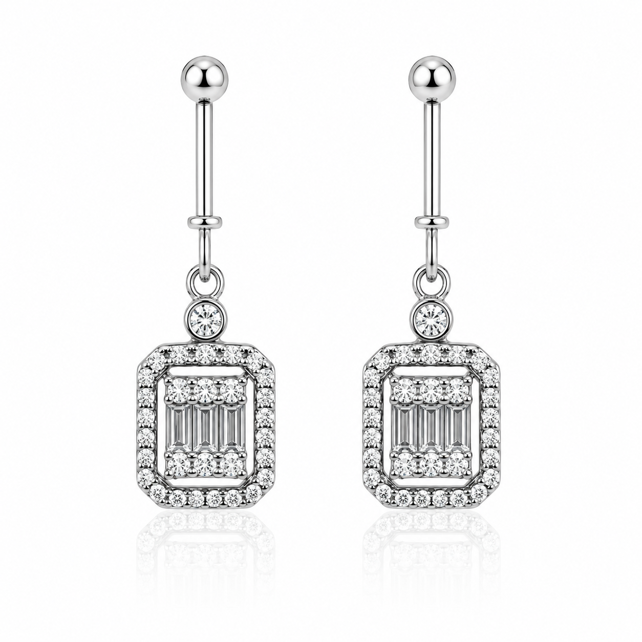 Radiant Halo Baguette Drop Earrings - 925 Sterling Silver - Lustra