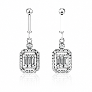 Radiant Halo Baguette Drop Earrings - 925 Sterling Silver - Lustra