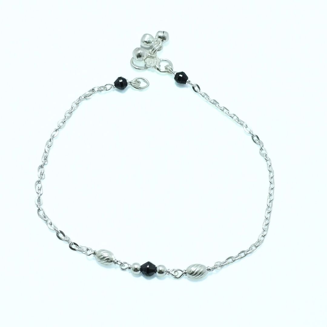 Black Bead Charm Sterling Silver Anklet