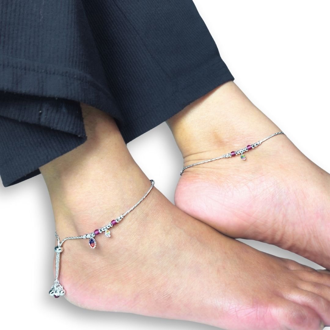Ruby Glow Sterling Silver Charm Anklet