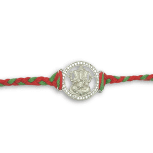 Ganesha Rakhi with Diamond-Cut Frame – Red-Green Braided Thread