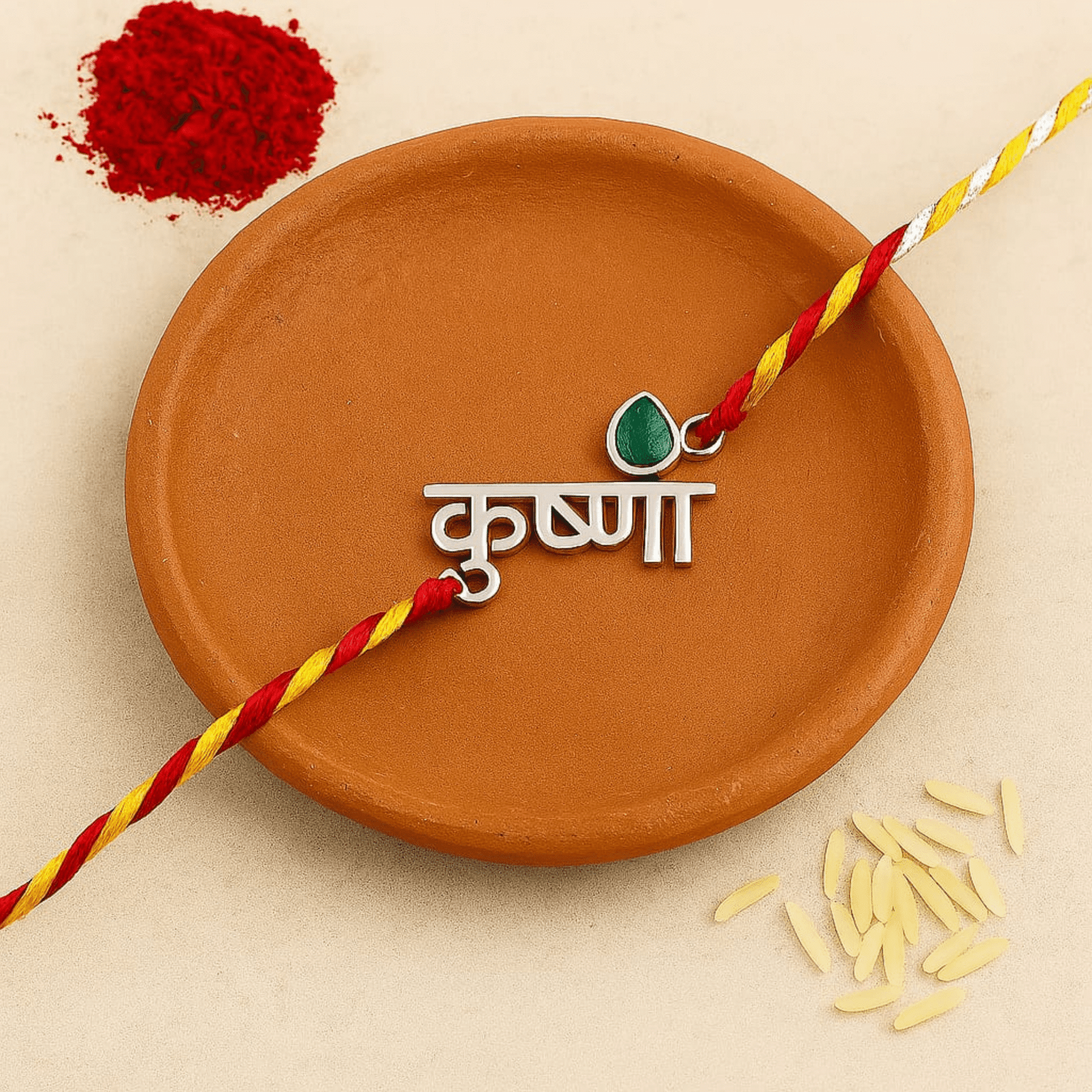 Krishna Name Silver Rakhi with Red-Yellow Thread – Lustra Exclusive