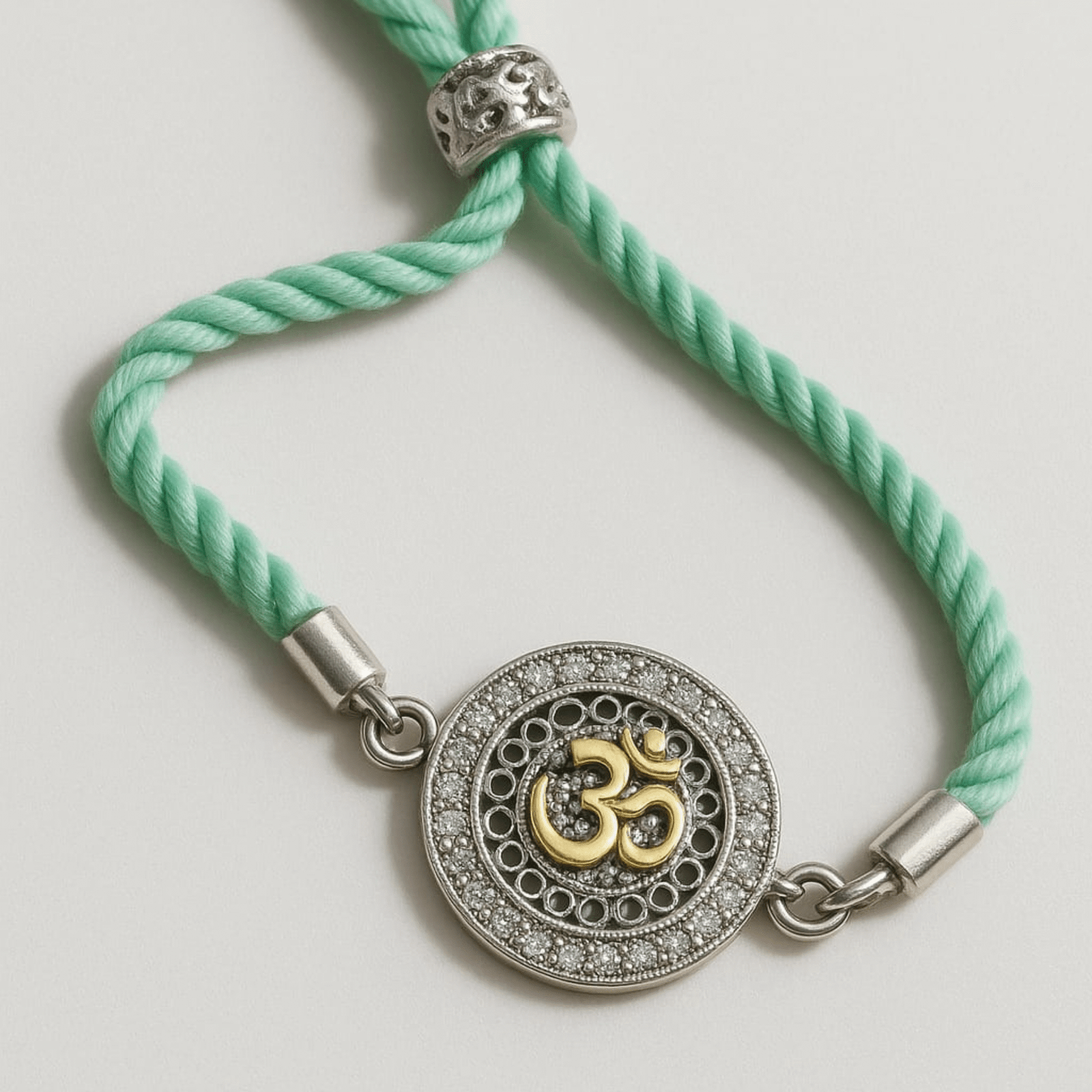 Golden Om Rakhi with Mint Green Thread – Lustra Exclusive