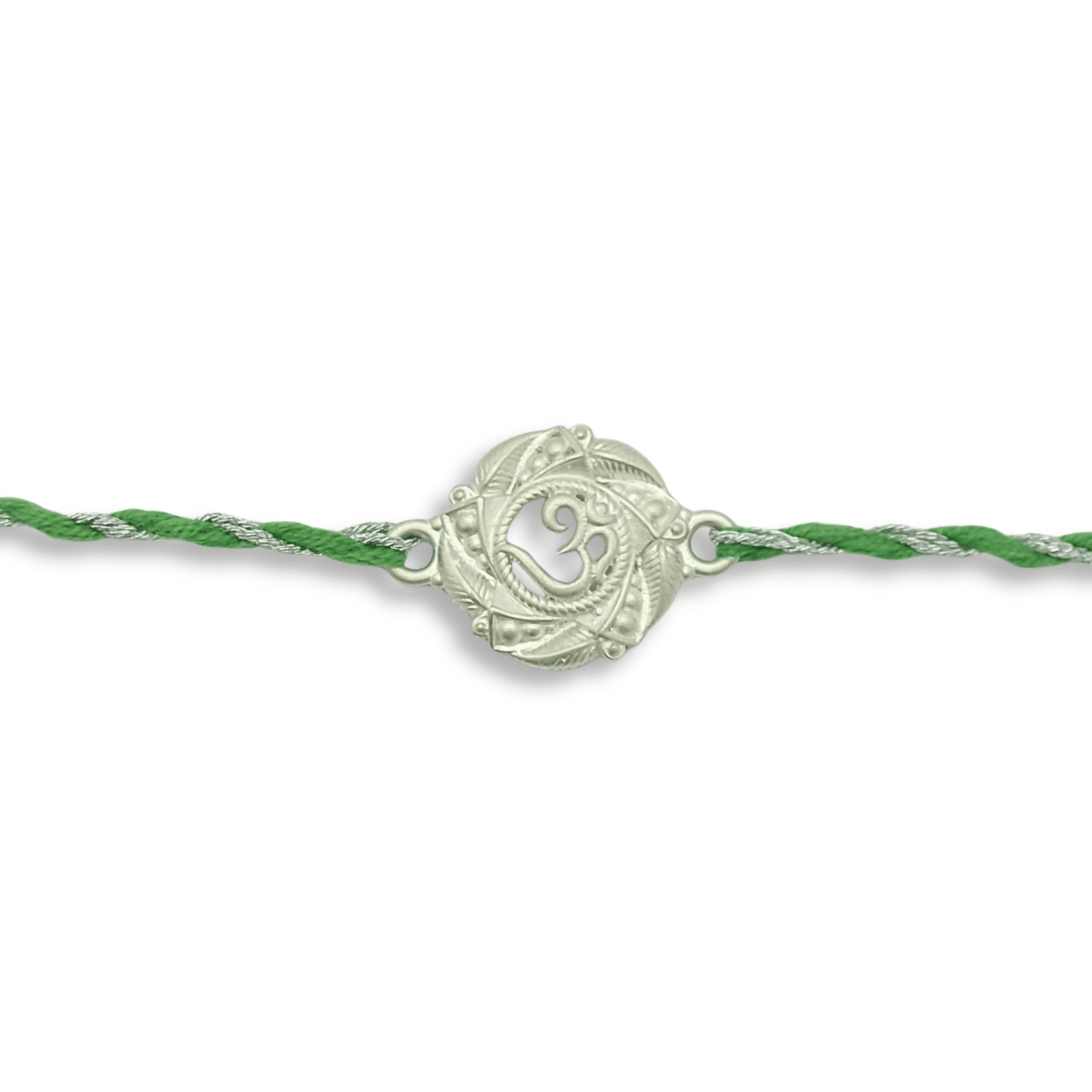 Antique Om Rakhi – Round Silver Medallion on Green Thread