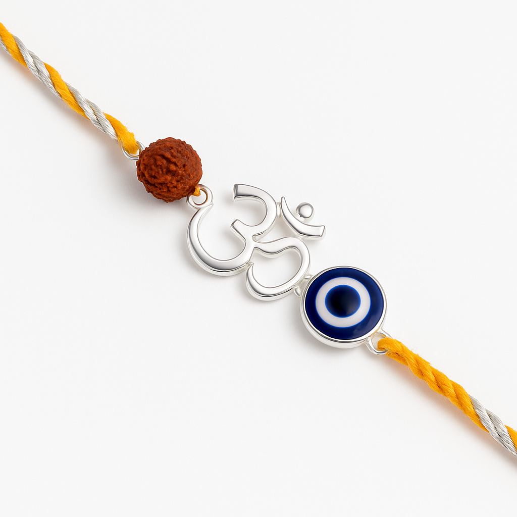 Om Evil Eye Rudraksha Rakhi in 92.5 Silver