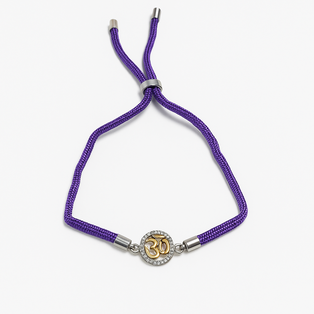 Om Rakhi with Crystal Studded Frame – Adjustable Purple Thread