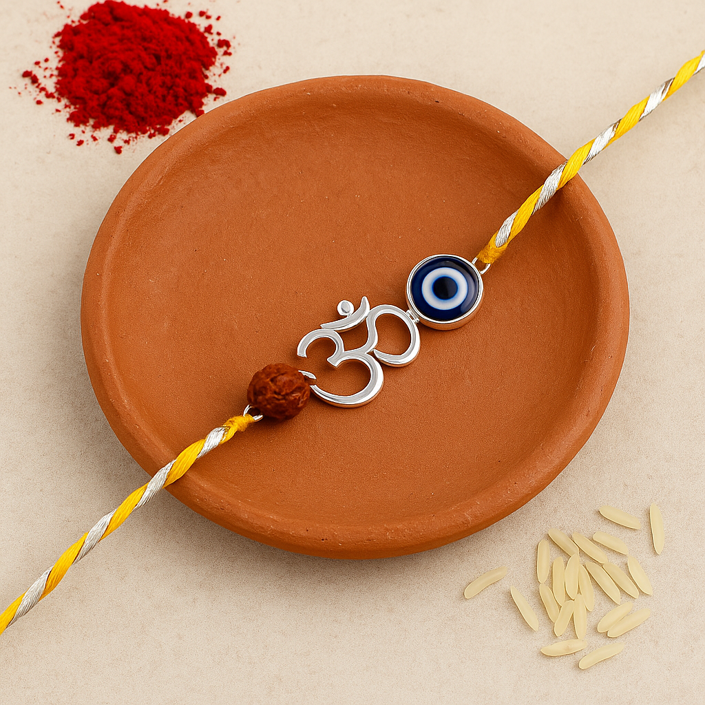 Om Evil Eye Rudraksha Rakhi in 92.5 Silver